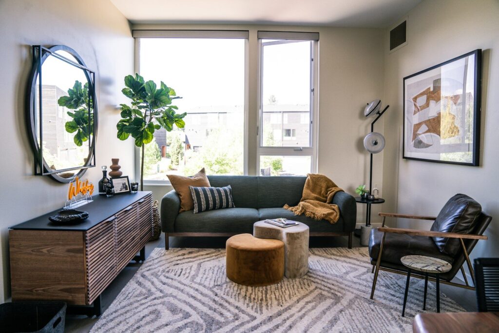 a living room with a large window